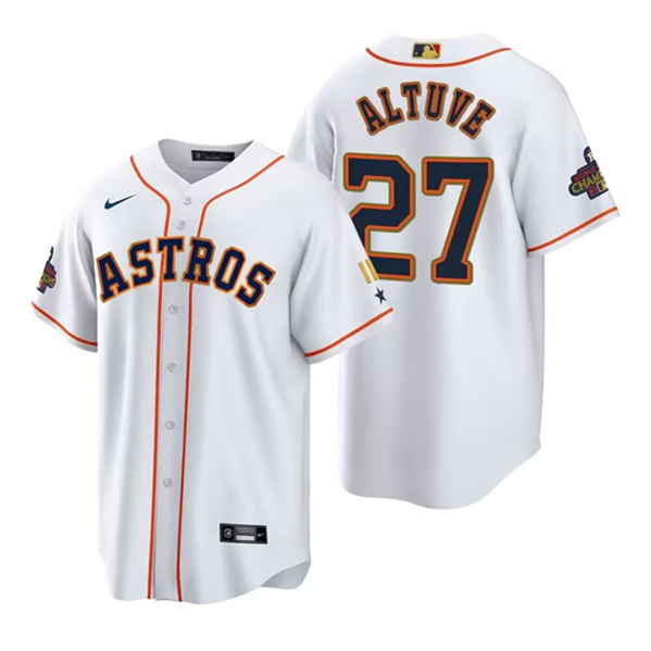 Men's Houston Astros #27 Jose Altuve White Gold 2022 World Series Champions Stitched Baseball Jersey